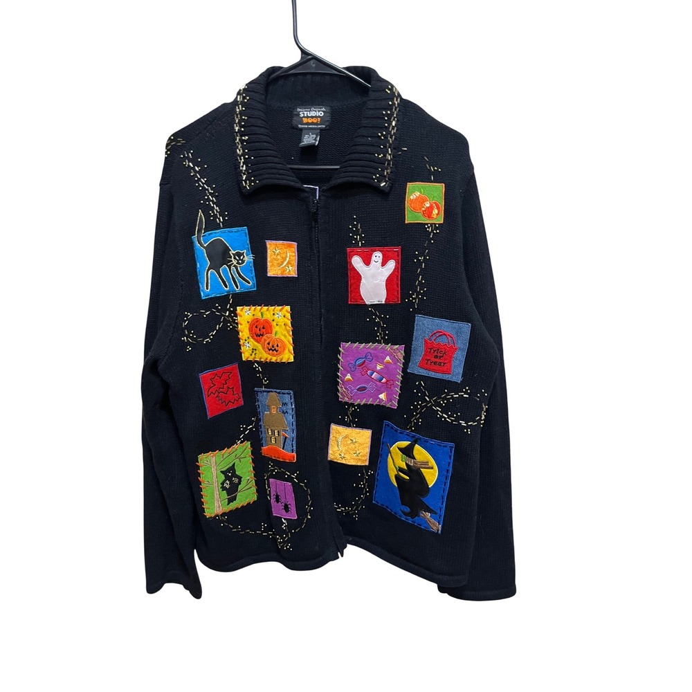 Studio Boo! Halloween‎ Cardigan Sweater Black Embellished Witch Cat Pumpkin L